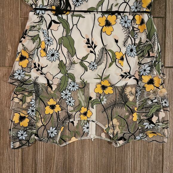 Monique Lhuillier Floral Daisy Embroidered Dress Womens 12 Sheer Overlay Ruffle - Picture 12 of 15